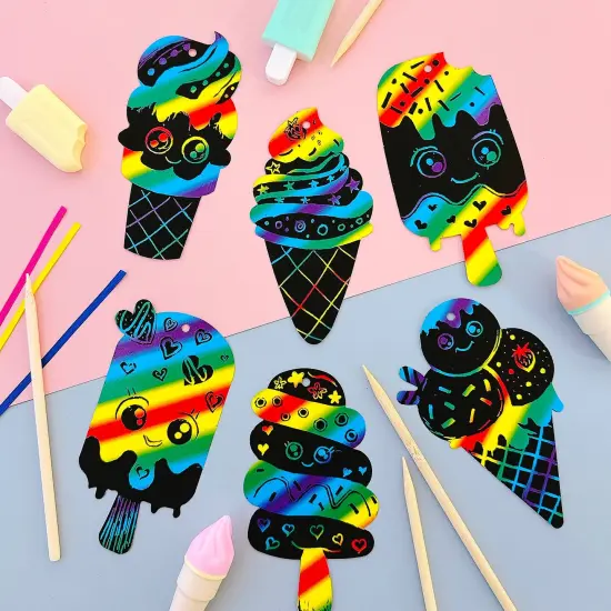 Wrapables 36pc Rainbow Scratch Arts Ornaments, DIY Magic Scratch Arts and Crafts, Ice Cream {4}