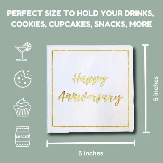 50 Pack Gold Foil Happy Anniversary Cocktail Napkins {2}