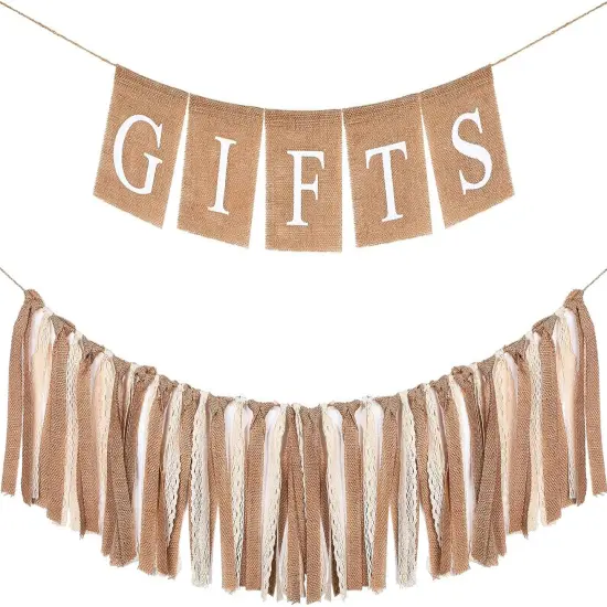 2 Pcs Boho Burlap Banner Baby Shower Decorations Set Include Rustic Gift Banner {1}