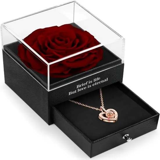 Her Preserved Real Rose with I Love You Necklace in 100 Language {1}