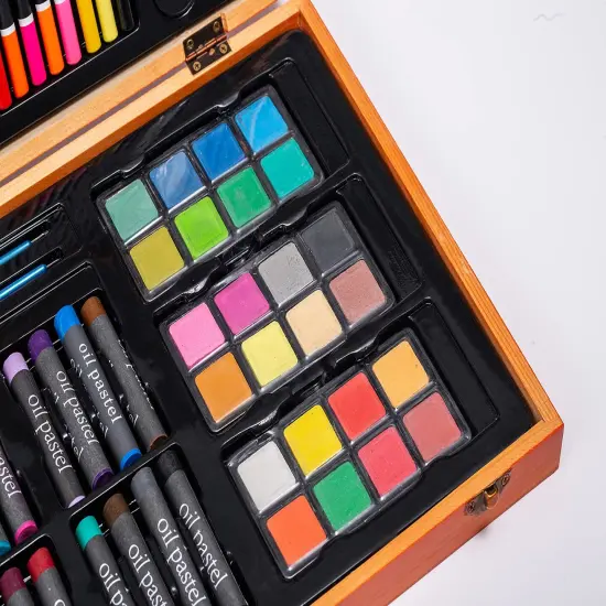 MAHITOI US 80+Piece Deluxe Artist Studio Creativity Set Wood Box Case - Art Painting, Sketching Drawing Set, 24 Watercolor Paint Colors, 24 Oil Pastels, 24 Colored Pencils, 2 Brushes, Starter Kit {3}