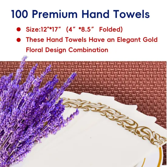 JOLLY CHEF 100 Disposable Hand Towels, Soft and Absorbent Linen Feel Dinner Napkin, Elegant Decorative Paper Guest Towels for Kitchen, Bathroom,Weddings,Parties, Gold and White {5}