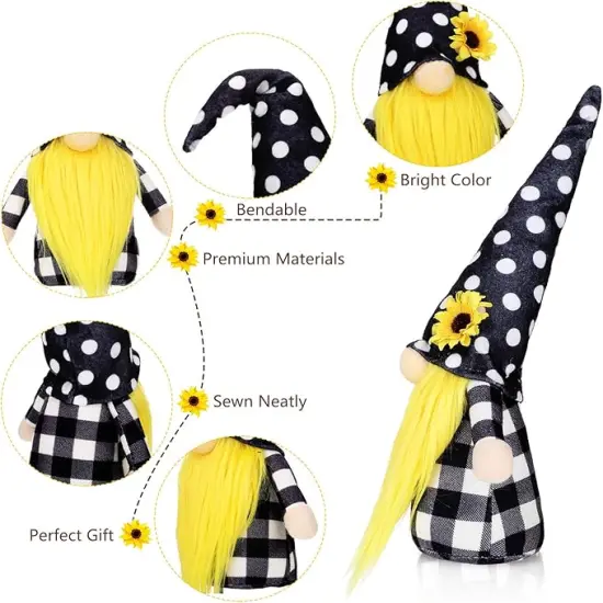 3 Pieces Fall Sunflower Swedish Gnomes Decor Sunflower Buffalo Plaid Rustic Tiered Tray Decorations Plush Tiered Tray Gnomes Ornaments for Home Garden Kitchen Decor {4}