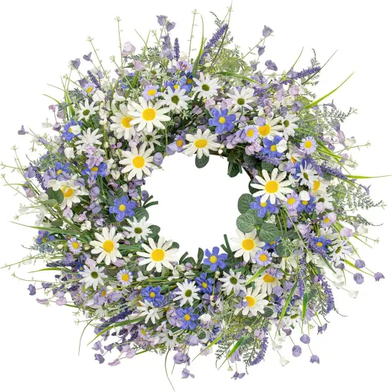 22 Inches Spring Wreaths for Front Door Blue Spring Floral Wreath Summer Wreath with Daisy Lanvender {1}