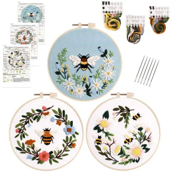 Embroidery Starter Kit for Beginners, 3 Sets Cross Stitch Kits for Adults, Include Embroidery Clothes with Cute Bees and Flowers Patterns, 1 Embroidery Hoop, Threads, Needles and Instruction {1}