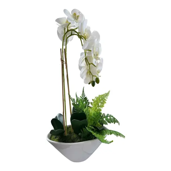 20" Artificial Phalaenopsis Orchid Arrangement | Faux White Orchid in Ceramic Bowl {1}