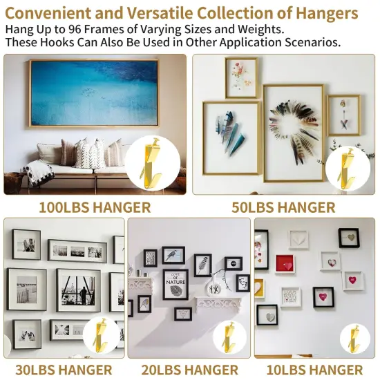202 PCS Frame Hanger Kit, 10lb, 20lb, 30lb, 50lb&100lb Picture Hanging Hardware Kit, Picture Hanging Tool, Pcture Hangers,Picture Frame Hanging Kit, Picture Hooks for Pictures, Canvas, Mirror (Gold1) {5}