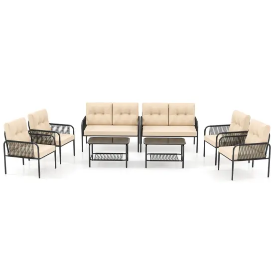 Costway 8 PCS Patio Furniture Set with Loveseat Tempered Glass Coffee Table & Soft Cushions {2}