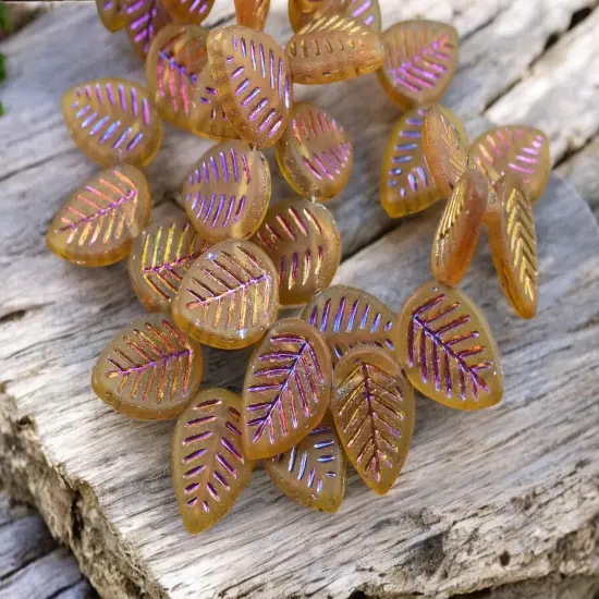 *15* 16x12mm Metallic Volcano Washed Matte Topaz Top Drilled Doogwood Leaf Beads {1}