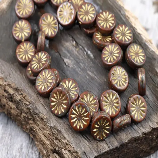 *15* 12mm Gold Washed Opaque Orange Picasso Aster Flower Coin Beads {5}