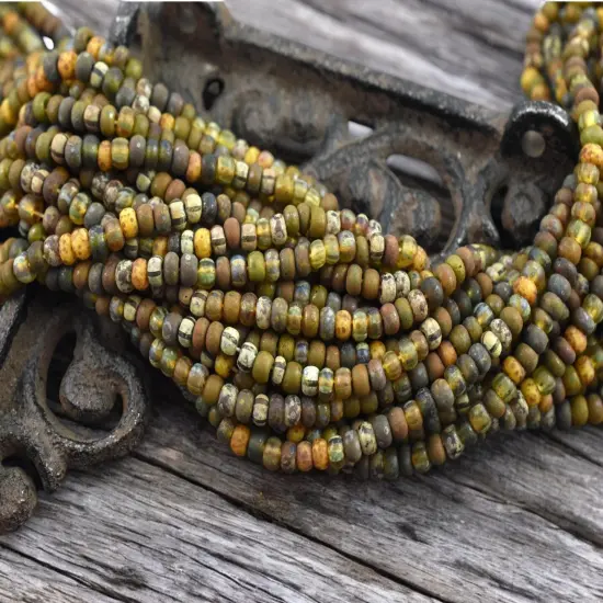 6/0 Aged Matte Rustic Bear Striped Picasso Czech Glass Seed Bead Mix (21" Strand) {1}