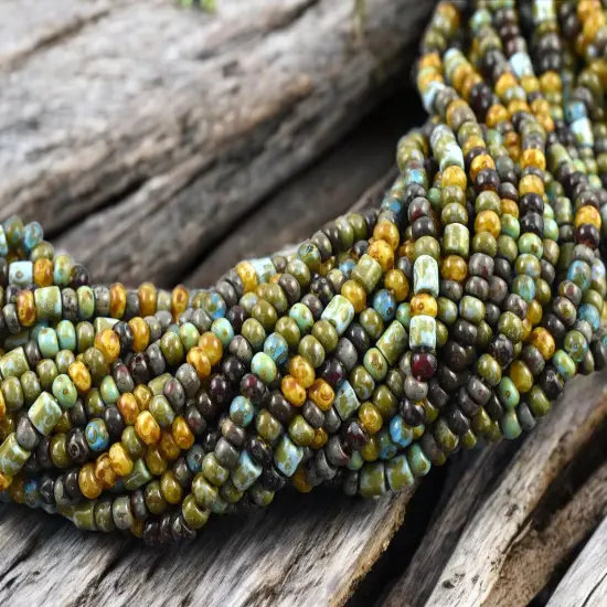 6/0 Aged Azul Heart Picasso Czech Glass Seed Bead Bugle Mix (21" Strand) {2}