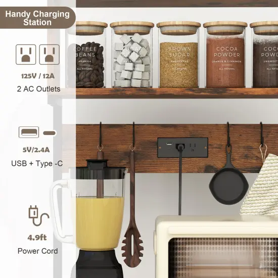 Rustic Brown 5-Tier Shelves Countertop Kitchen Baker's Rack with Power Outlets and Hooks {2}