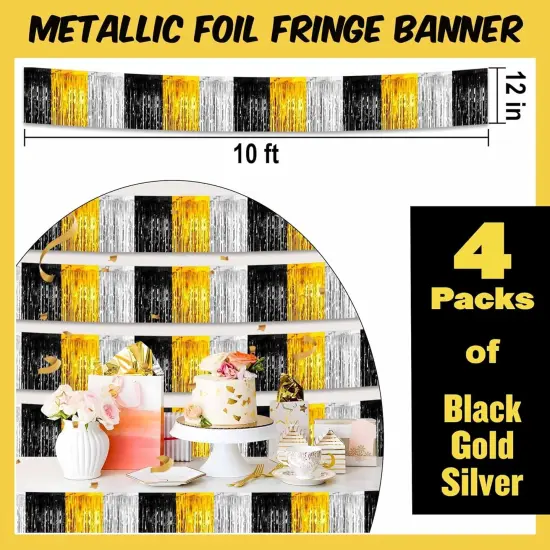 4 Pack 10 Ft Black Gold Silver Foil Fringe Garland Metallic {2}