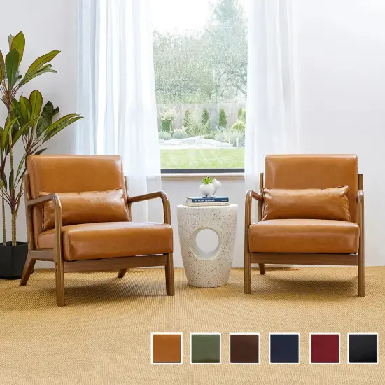 Set of 2 30.75"H Mid-Century Modern PU Leather Armchair Accent Chairs with Pillow Green {7}