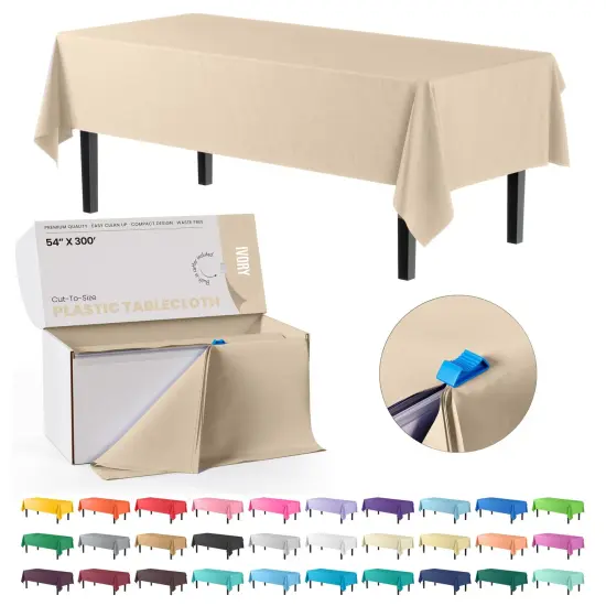  Party Solids 54" x 300' Plastic Table Cover Roll with Slide Cutter &ndash; Cut-to-Size Dispenser Box &ndash; Makes Up to 36 Disposable 8' Rectangle Tablecloths by Exquisite Ivory {1}