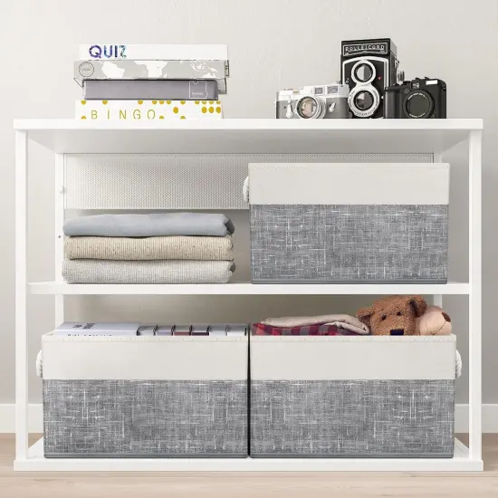 Fab totes Storage Bins [3-Pack], Foldable Storage Baskets for Organizing Toys, Books, Shelves, Closet, Large Storage Box with Rope Handles, Sturdy Organizer Bins, White & Grey {3}