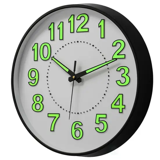 Clockswise 14" Decorative Glow in the Dark Quartz Wall Clock Battery Operated Classic Round Design Luminous Green Numbers & Hands Easy to Read Face for Home Office Classroom Hotel & Restaurant, Black {1}