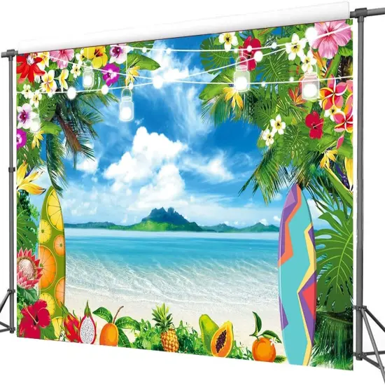 Summer Hawaiian Beach Photography Backdrop Tropical Flower Palm Leaves Surfboard Background Aloha Luau Decorations Photo Banner {4}