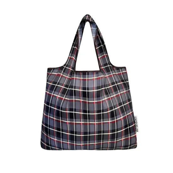 Wrapables Foldable Tote Nylon Reusable Grocery Bag (Set of 2), Black Plaid {3}