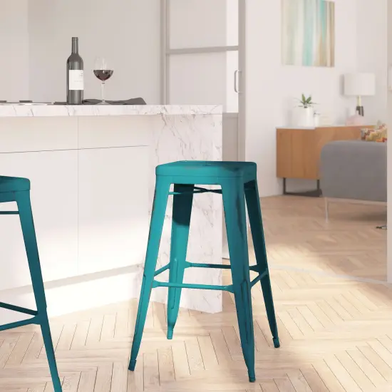 Merrick Lane Elba Series Metal Stool with Powder Coated Finish and Integrated Floor Glides Kelly Blue-Teal {3}