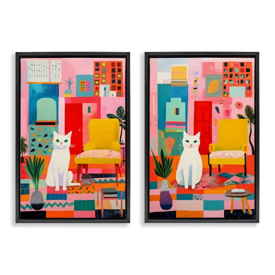 Stupell Industries Bright Room Sitting Cat 2 pc Framed Floater Canvas Wall Art Set Design by Roozbeh Bahramali {1}