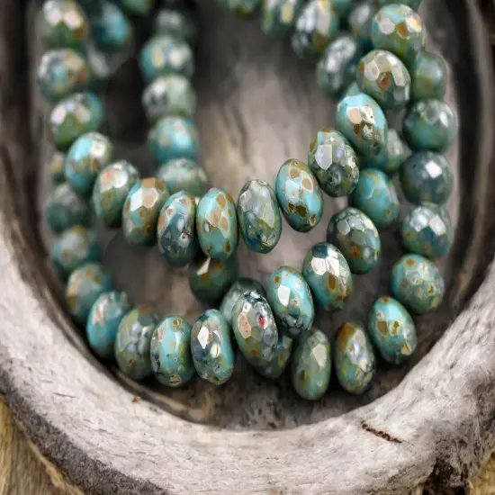 *25* 6x8mm Blended Teal Turquoise Picasso Fire Polished Rondelle Beads {3}