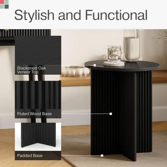 Round Fluted Accent Table - Pedestal Drink Desk - Modern Home, Bedroom, and Living Room Furniture - Small Round End Table with Solid Wood X-Base and Wood Veneer Top (Blackened Oak) {6}