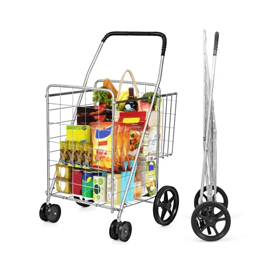 Folding Shopping Cart for Laundry with Swiveling Wheels & Dual Storage Baskets Silver {8}