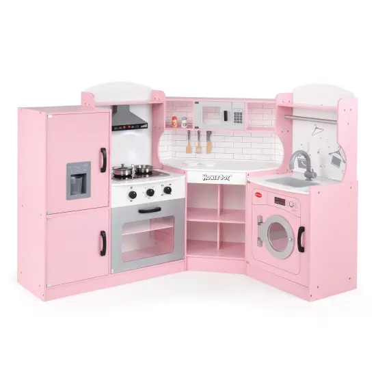 Costway Corner Play Kitchen Toddler Kitchen Playset with Range Hood, Ice Maker, Microwave White/Pink {7}
