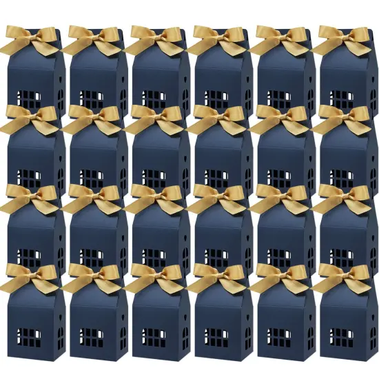 Wrapables House Shaped Gift Boxes with Ribbons for Weddings, Housewarming, Cookies, Candies, Treats, Party Favors (Set of 24), Blue {1}