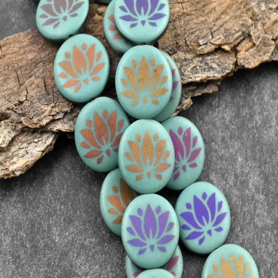 *8* 17mm Opaque Turquoise Sliperit Lotus Flower Laser Tattoo Coin Beads {3}