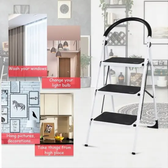 3-Step Space-Saving Foldable Ladder with Safety Rail and Wide Pedals Ideal for Home and Office {5}