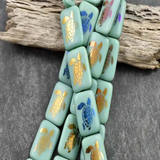 *6* 18x12mm Opaque Turquoise Sliperit Laser Tattoo Rectangle Turtle Beads {3}