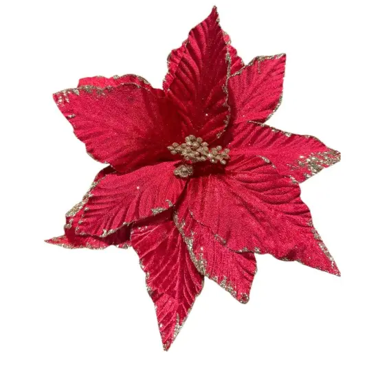 10" Red Poinsettia with Gold Accents - Luxurious Holiday Floral Pick {1}