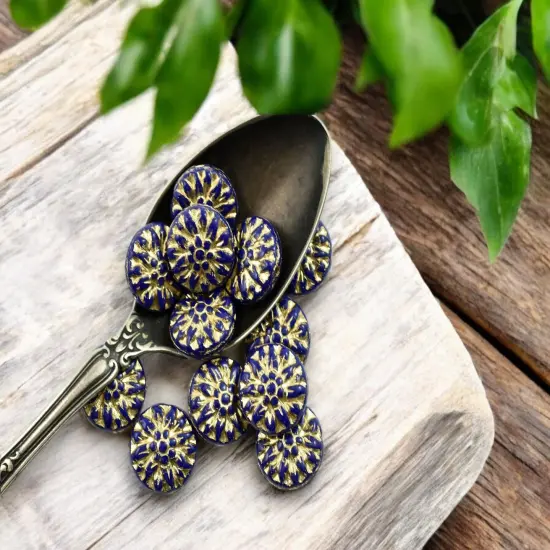 *12* 15mm Gold Washed Navy Blue Dahlia Flower Coin Beads {3}