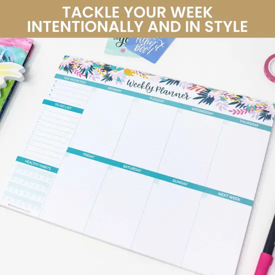 bloom daily planners Planning Pad, 8.5" x 11", Horizontal Weekly Planner, Teal Floral {5}