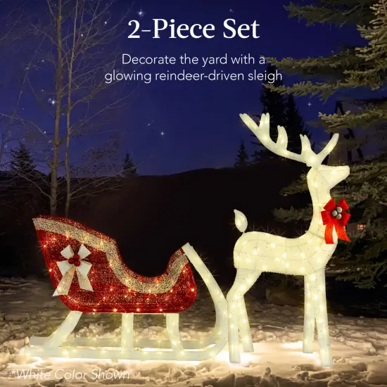 Best Choice Products Lighted Christmas 4ft Reindeer & Sleigh Outdoor Decor Set w/ 205 LED Lights, Stakes Iridescent - Large {2}