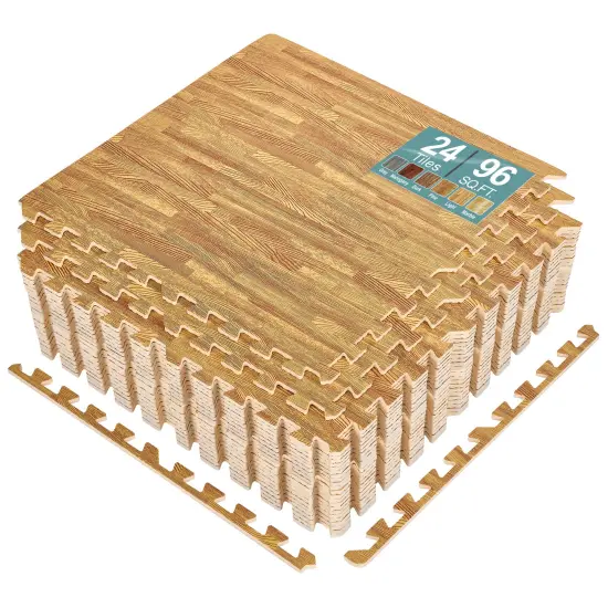 Sorbus 96 Sq. Ft. Wood Grain Floor Tiles, 24 Interlocking EVA Foam Mats, Thick Floor Mats w/ Borders for Home Gym, Playroom, and More Light {1}