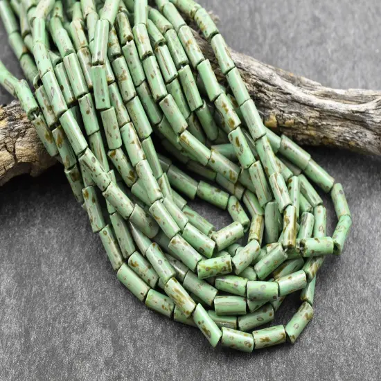 9x4mm Opaque Turquoise Picasso Czech Bugle Beads (21" Strand) {2}