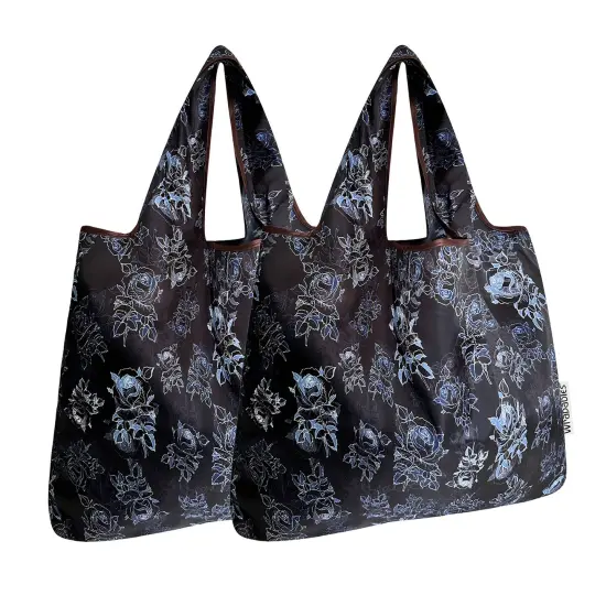 Wrapables Foldable Tote Nylon Reusable Grocery Bag (Set of 2), Black Rose Shadow {1}