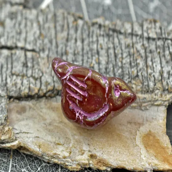 *6* 11x22mm Metallic Pink Washed Golden Opaque Red Bird Beads {4}