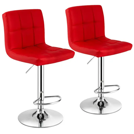 Set of 2 Square Swivel Adjustable PU Leather Bar Stools with Back and Footrest Red {9}