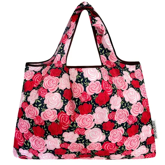 Wrapables Large Foldable Tote Nylon Reusable Grocery Bags, Pink Roses {3}
