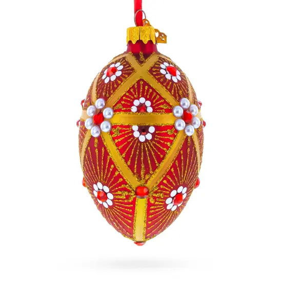 Red and Gold Floral Bejeweled Glass Egg Ornament 4 Inches {3}