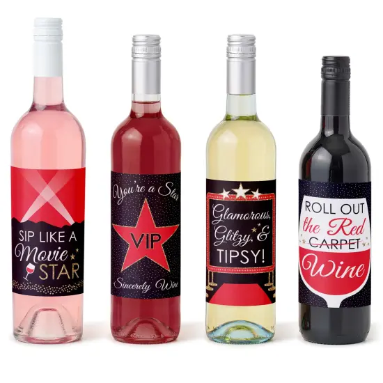 Big Dot of Happiness Red Carpet - Movie Night Party Decorations for Women and Men - Wine Bottle Label Stickers - Set of 4 {1}