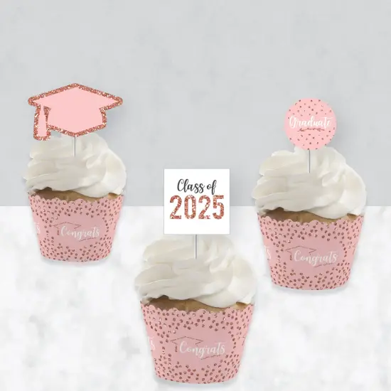 Big Dot of Happiness Rose Gold Grad - Cupcake Decoration - 2025 Graduation Party Cupcake Wrappers and Treat Picks Kit - Set of 24 {4}