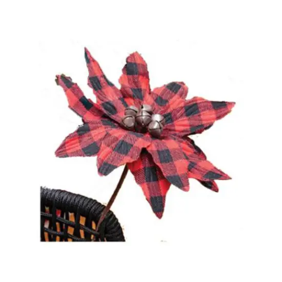 Buffalo Check Jingle Bell Poinsetta Stem 9.5" {1}