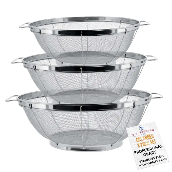 U.S. Kitchen Supply Set of 3 Stainless Steel Colander Strainers Net Baskets - 11", 9.5" & 8.5" Sizes - Colander with Handles & Resting Base - Stainless Steel Sieve, Strainers and Colanders for Kitchen {1}