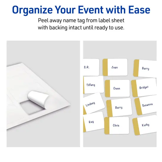 Avery® Printable Rectangle Adhesive Name Tags, Dipped Gold Edge Design, 2-1/3" x 3-3/8", Matte White Removable Name Tags, Laser/Inkjet, 80 Total, Great for Name Badges {6}